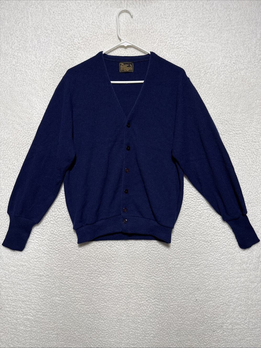 VTG 70’s JC Penney Orlon Acrylic Grandpa Style Cardigan Sweater Navy Blue Size L